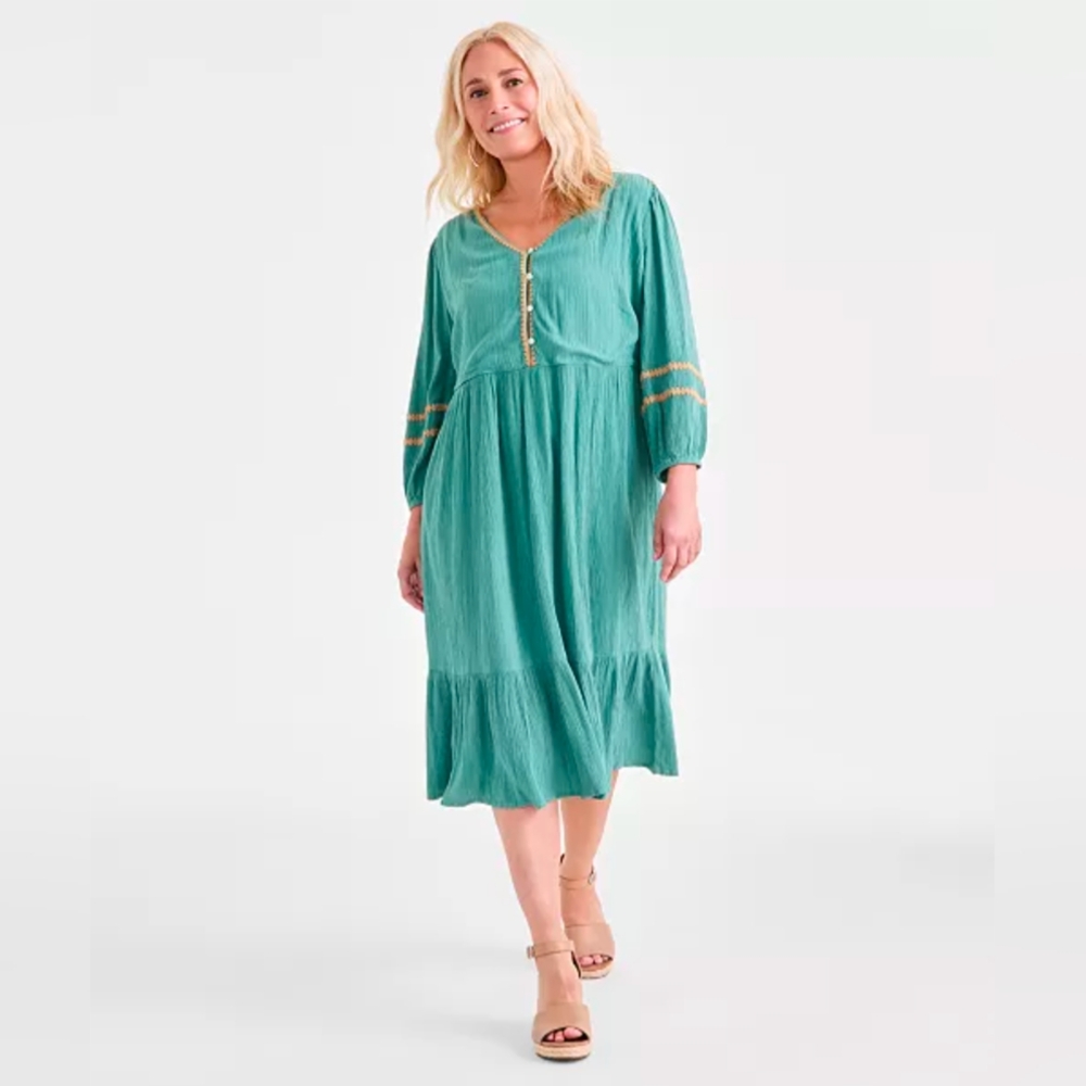 Assorted Sizes: Style & Co Women's Green V-Neck 3/4-Sleeve Tiered Midi Dress-NWT